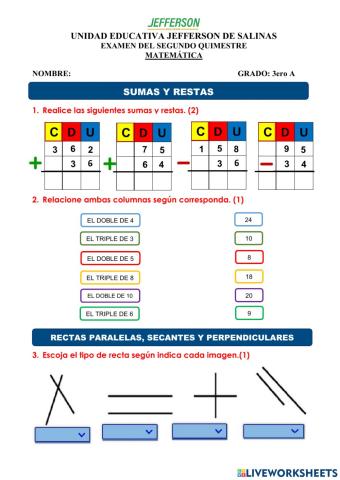 EXAMEN QUIMESTRAL MATEMÁTICAS