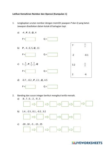 Latihan Kemahiran Nombor dan Operasi (K1)