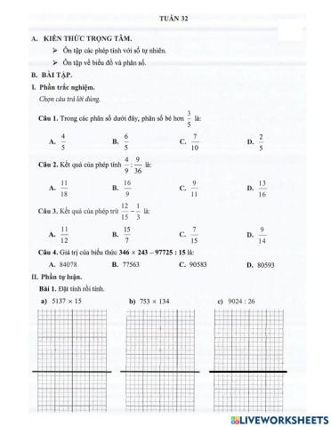 Toán 4 - Tuần 32 Bài tập