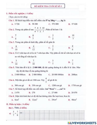 Toán 4 - Đề kiểm tra HK2 (đề 3)