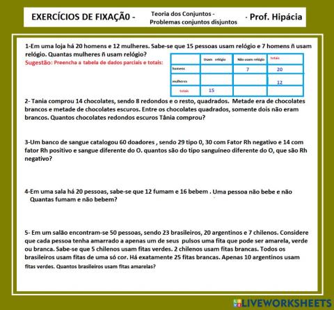 Problemas teoria dos conjuntos - Tabelas com Disjuntos