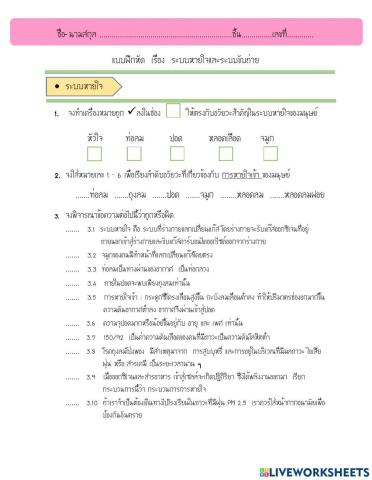 แบบฝึกหัดระบบหายใจและระบบขับถ่าย