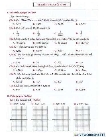 Toán 5 - Đề kiểm tra HK2 (đề 1)