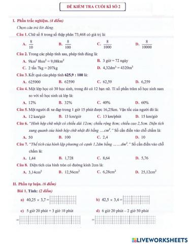 Toán 5 - Đề kiểm tra HK2 (đề 2)