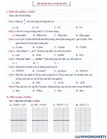 Toán 5 - Đề kiểm tra HK2 (đề 3)