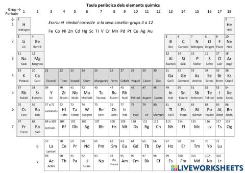 Escriure el símbol de l'element en la casella de la taula periòdica, grups 3 a 12