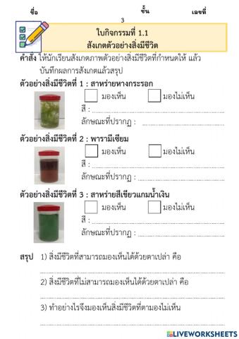 ใบกิจกรรมที่ 1.1 สังเกตตัวอย่างสิ่งมีชีวิต