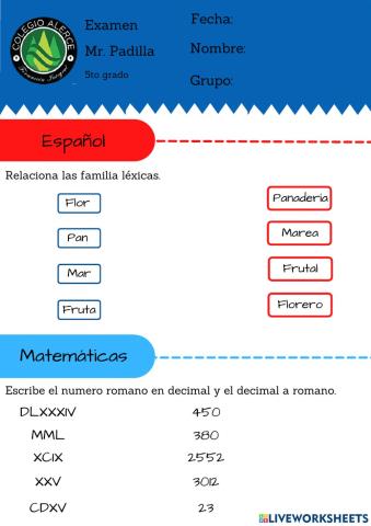 Examen 5to grado Mr. Padilla