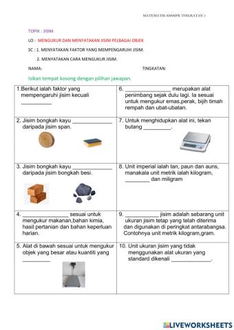 Mengukur dan menyatakan jisim pelbagai objek matematik kssmpk ting 3