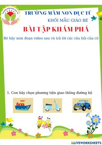 Bài tập ôn nhận biết Phương tiện giao thông