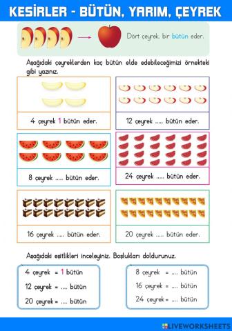 Kesirler-Bütün-Yarım-Çeyrek