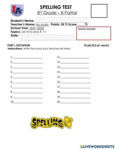 Spelling 8th grade test