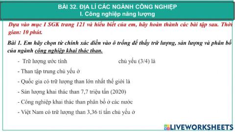 Bài 32. Địa lí các ngành công nghiệp (tiết 1)