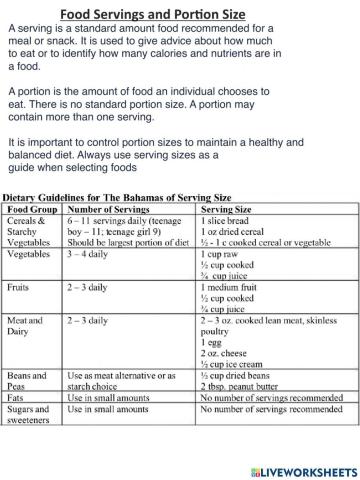 Food Servings and Portion Size