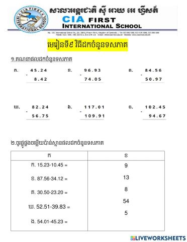 គណិតវិទ្យា មេរៀនទី៩ វិធីដកចំនួនទសភាគ