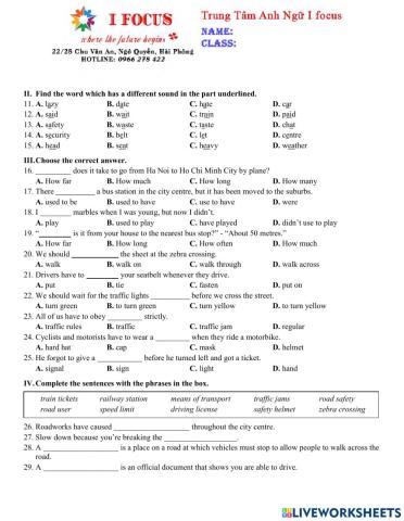 Lớp 7 Unit 7 Test 2