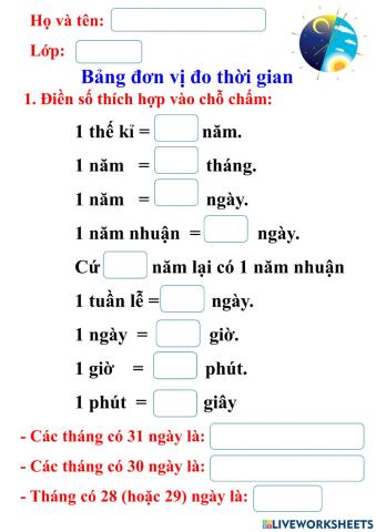 Bảng đơn vị đo thời gian