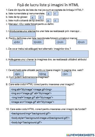 Fisa de lucru liste si imagini HTML1