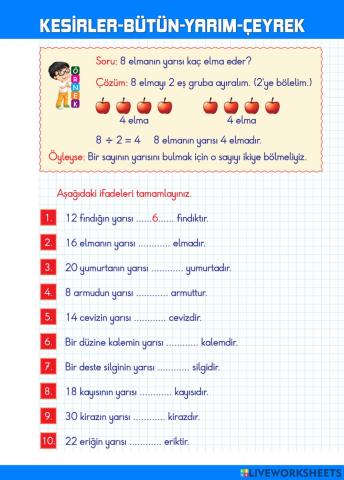 Kesirler-Bütün-Yarım-Çeyrek