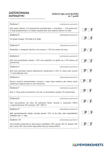 Zastosowanie matematyki P-F 1 klasa 8