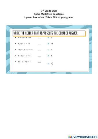 7th Quiz Multi Step Equations