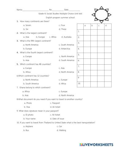 Social Studies Grade 4 Unit test