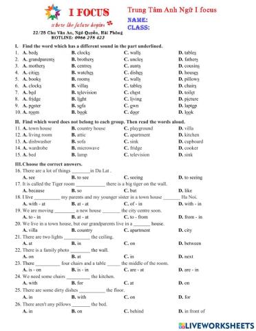 Lớp 6 Unit 2 Test 1