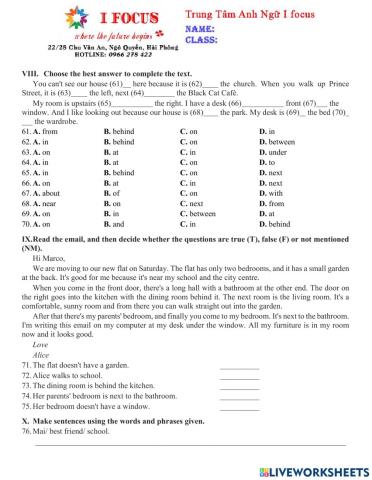 Lớp 6 Unit 2 Test 3