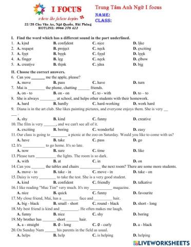 Lớp 6 Unit 3 Test 1