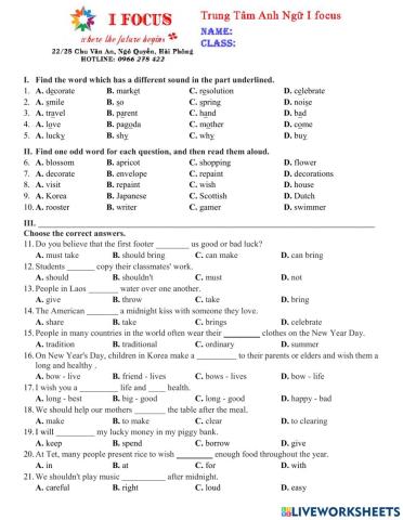 Lớp 6 Unit 6 Test 1