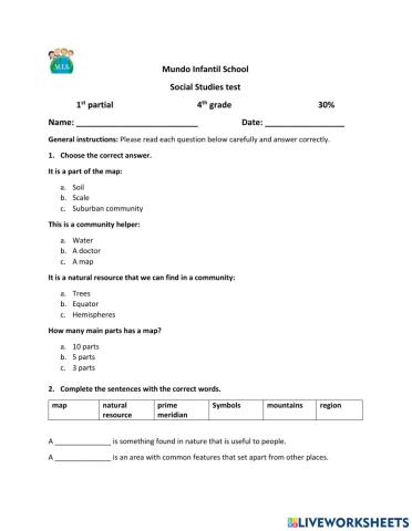 SOCIAL STUDIES TEST. 1ST PARTIAL. 4TH GRADE