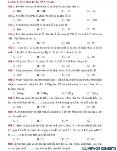 Toán 3 lên 4 - Dạng 8: Các bài nâng cao