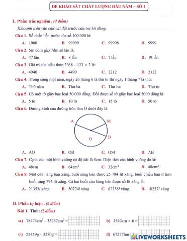 Toán 3 lên 4: Đề khảo sát chất lượng đầu năm số 1