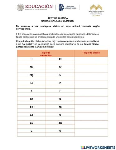 Test de Química Enlaces Químicos