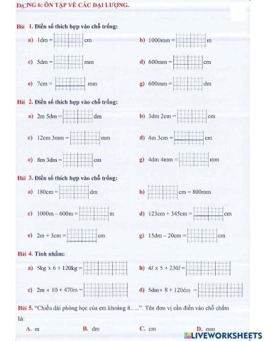 Toán 2 lên 3 - Dạng 6: Ôn tập về đại lượng