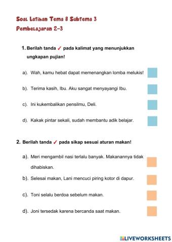 Soal Latihan Kelas 1 Tema 8