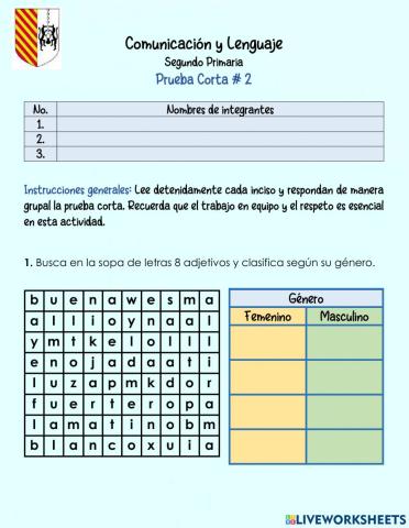 Prueba Corta -2 de Lenguaje