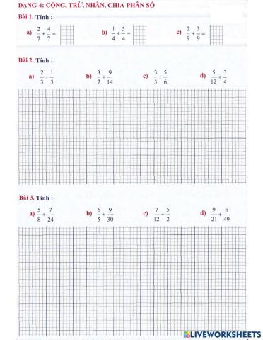 Toán 4 lên 5 - Dạng 4: Cộng, trừ, nhân, chia phân số