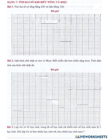 Toán 4 lên 5 - Dạng 7: Tìm hai số khi biết tổng và hiệu