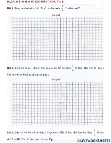 Toán 4 lên 5 - Dạng 8: Tìm hải số khi biết tổng và tỉ