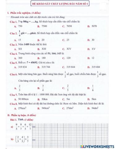 Toán 4 lên 5: Đề khảo sát chất lượng đầu năm số 1