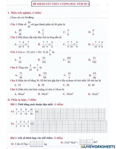 Toán 4 lên 5: Đề khảo sát chất lượng đầu năm số 2