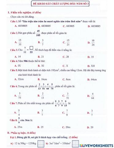 Toán 4 lên 5: Đề khảo sát chất lượng đầu năm số 3