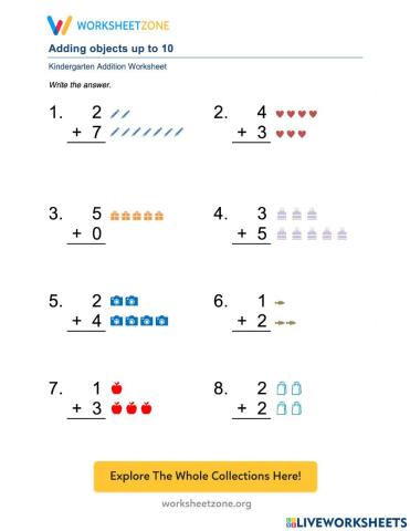 Count the objects and add the numbers (up to 10)