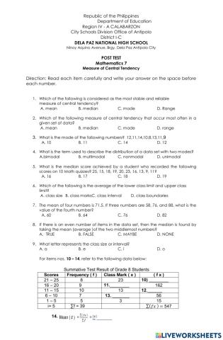 Post test in measure of central tendency