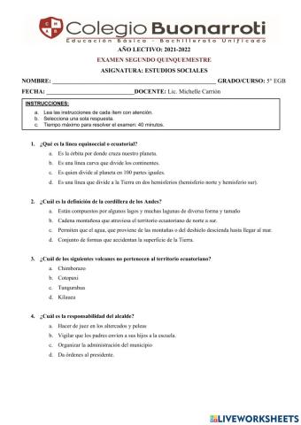 EXAMEN  2do quinquemestre ESTUDIOS SOCIALES 5TO