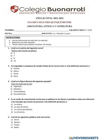 Examen  2do q lengua y literatura 6to