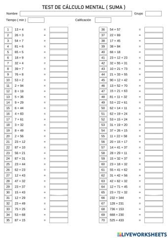 Calculo mental sumas