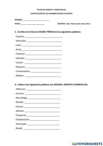 Sílaba Tónica y Clasificación de palabras según su acento