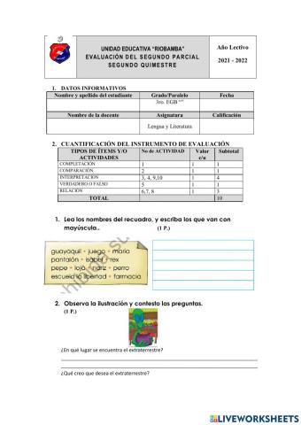 Examen lengua y literatura 3ero EGB ¨B¨